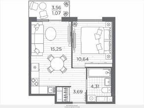 ЖК «Plus Пулковский», планировка 1-комнатной квартиры, 34.96 м²