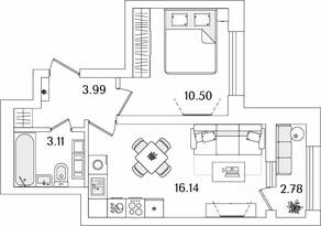 ЖК «БелАрт», планировка 1-комнатной квартиры, 35.13 м²