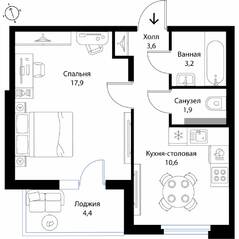 МЖК «Экография», планировка 1-комнатной квартиры, 39.40 м²