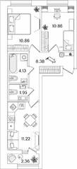 ЖК «БелАрт», планировка 2-комнатной квартиры, 48.58 м²