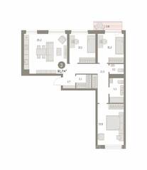ЖК «Первый квартал», планировка 3-комнатной квартиры, 91.70 м²