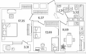 ЖК «Лайнеръ», планировка 2-комнатной квартиры, 54.42 м²