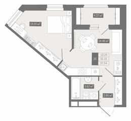 ЖК UP-квартал «Воронцовский», планировка 1-комнатной квартиры, 37.34 м²