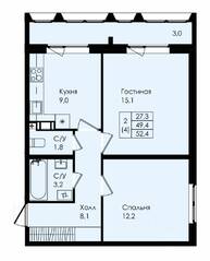 ЖК «Новая страница», планировка 2-комнатной квартиры, 52.40 м²