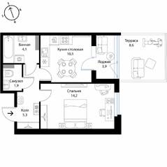 МЖК «Экография», планировка 1-комнатной квартиры, 40.20 м²