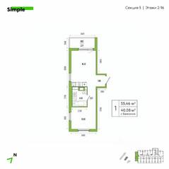 ЖК «Simple», планировка 1-комнатной квартиры, 37.10 м²