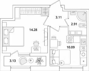 ЖК «БелАрт», планировка 1-комнатной квартиры, 31.96 м²