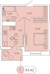 ЖК «Аквилон Stories», планировка 1-комнатной квартиры, 34.42 м²