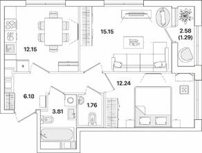 ЖК «Академик», планировка 2-комнатной квартиры, 52.58 м²