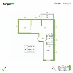 ЖК «Simple», планировка 2-комнатной квартиры, 72.60 м²