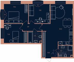 ЖК «ERA», планировка 4-комнатной квартиры, 86.90 м²