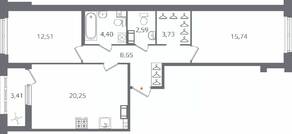 ЖК «Б15», планировка 2-комнатной квартиры, 69.58 м²