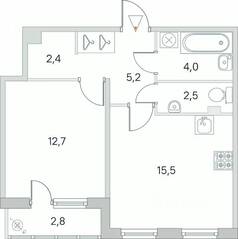 МЖК «Новое Сертолово», планировка 1-комнатной квартиры, 43.70 м²