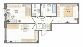ЖК «Мануфактура James Beck», планировка 2-комнатной квартиры, 69.27 м²