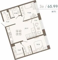 Апарт-комплекс «17/33 Петровский остров», планировка 2-комнатной квартиры, 65.99 м²
