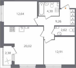 ЖК «Б15», планировка 2-комнатной квартиры, 62.94 м²