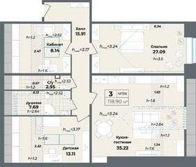 Апарт-комплекс «Лиговский, 127», планировка 3-комнатной квартиры, 118.90 м²