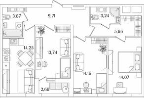 ЖК «Лайнеръ», планировка 3-комнатной квартиры, 80.24 м²