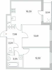 ЖК «Ясно. Янино», планировка 2-комнатной квартиры, 57.92 м²