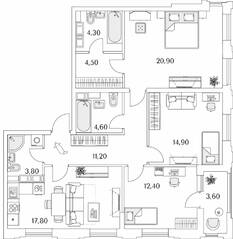 ЖК «Тайм Сквер», планировка 3-комнатной квартиры, 96.20 м²