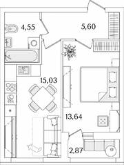 ЖК «Лайнеръ», планировка 1-комнатной квартиры, 40.26 м²