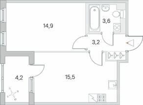 ЖК «Югтаун. Олимпийские кварталы», планировка 1-комнатной квартиры, 39.30 м²