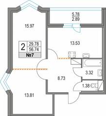 ЖК «Приморский квартал», планировка 2-комнатной квартиры, 56.74 м²