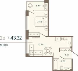Апарт-комплекс «17/33 Петровский остров», планировка 1-комнатной квартиры, 43.32 м²