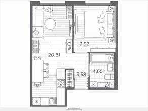 ЖК «Plus Пулковский», планировка 1-комнатной квартиры, 38.76 м²