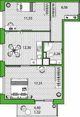 ЖК «FRIENDS», планировка 2-комнатной квартиры, 52.32 м²