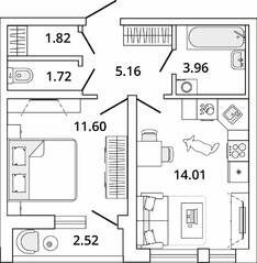ЖК «Master Place», планировка 1-комнатной квартиры, 39.53 м²