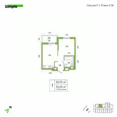 ЖК «Simple», планировка 1-комнатной квартиры, 32.20 м²