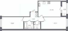 ЖК «Б15», планировка 2-комнатной квартиры, 70.39 м²