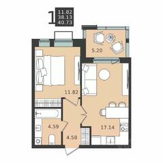 ЖК «Мишино-2», планировка 1-комнатной квартиры, 40.73 м²