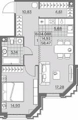 ЖК «Alter», планировка 1-комнатной квартиры, 59.20 м²