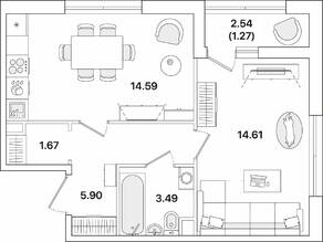 ЖК «Академик», планировка 1-комнатной квартиры, 41.53 м²