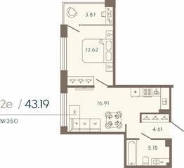 Апарт-комплекс «17/33 Петровский остров», планировка 1-комнатной квартиры, 43.19 м²