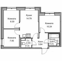 ЖК «Юнтолово», планировка 4-комнатной квартиры, 52.30 м²