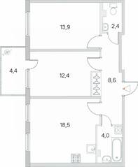 МЖК «Новое Сертолово», планировка 2-комнатной квартиры, 61.10 м²