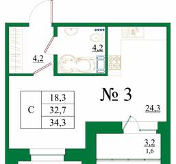ЖК «Орловский бульвар», планировка студии, 34.30 м²