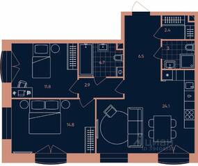 ЖК «ERA», планировка 3-комнатной квартиры, 70.20 м²