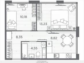 ЖК «Plus Пулковский», планировка 2-комнатной квартиры, 45.13 м²