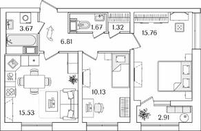 ЖК «БелАрт», планировка 2-комнатной квартиры, 56.35 м²
