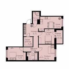 ЖК «ID Кудрово», планировка 3-комнатной квартиры, 74.16 м²