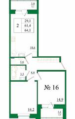 ЖК «Орловский бульвар», планировка 2-комнатной квартиры, 64.10 м²