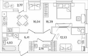 ЖК «Лайнеръ», планировка 2-комнатной квартиры, 58.95 м²