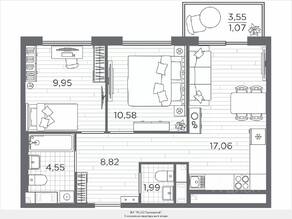 ЖК «Plus Пулковский», планировка 2-комнатной квартиры, 54.02 м²
