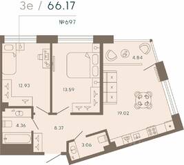Апарт-комплекс «17/33 Петровский остров», планировка 2-комнатной квартиры, 66.17 м²