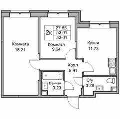 ЖК «Юнтолово», планировка 2-комнатной квартиры, 51.60 м²