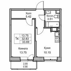 ЖК «Юнтолово», планировка 1-комнатной квартиры, 33.70 м²